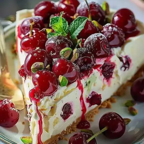 Lemon Lime Cherry Pistachio Cheesecake topped with fresh cherries and pistachios