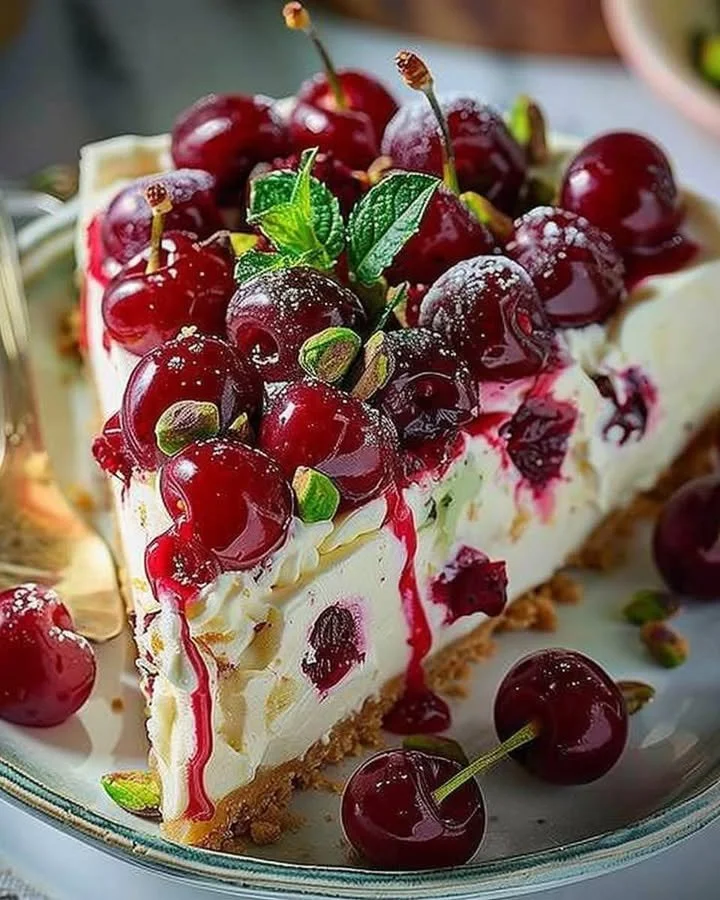 Lemon Lime Cherry Pistachio Cheesecake topped with fresh cherries and pistachios