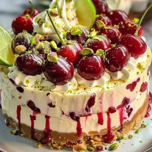 Lemon-Lime Cherry Pistachio Cheesecake slice on a plate