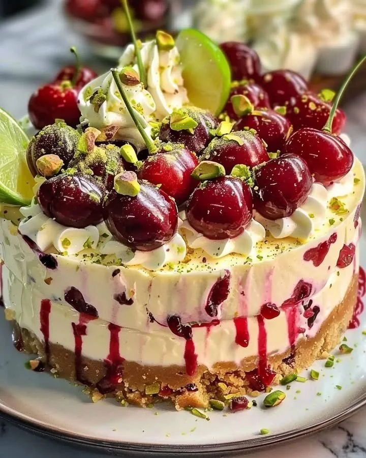 Lemon-Lime Cherry Pistachio Cheesecake slice on a plate