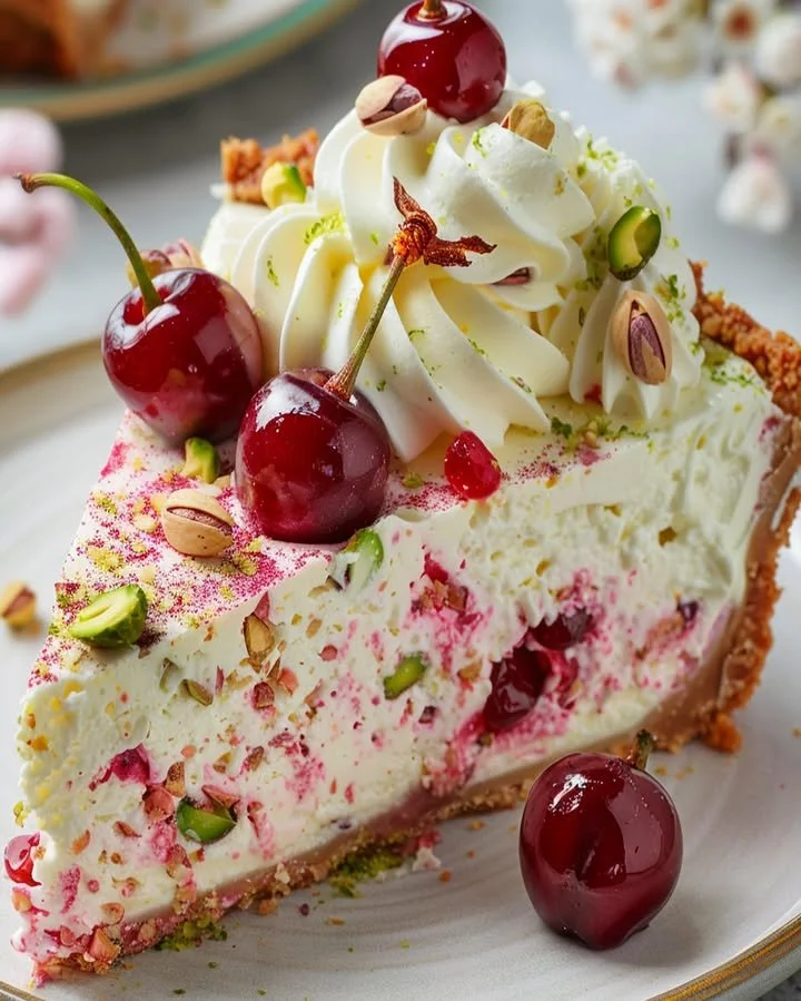 Lemon-Lime Cherry Pistachio Cheesecake topped with fresh cherries and pistachios