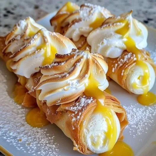 Lemon Meringue Cannoli Pie with creamy filling and crispy shell
