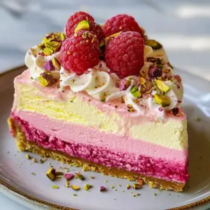 Lemon Raspberry Cheesecake topped with pistachios on a white plate