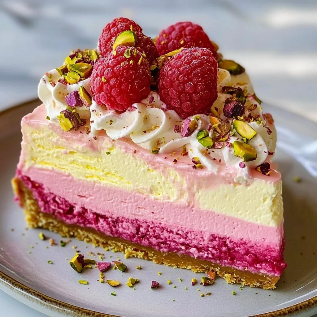 Lemon Raspberry Cheesecake topped with pistachios on a white plate