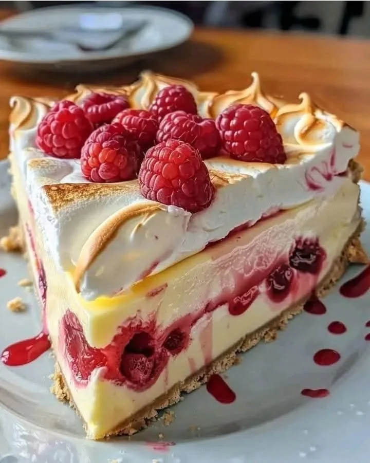 Sliced Lemon Raspberry Meringue Cheesecake with fresh raspberries and lemon zest