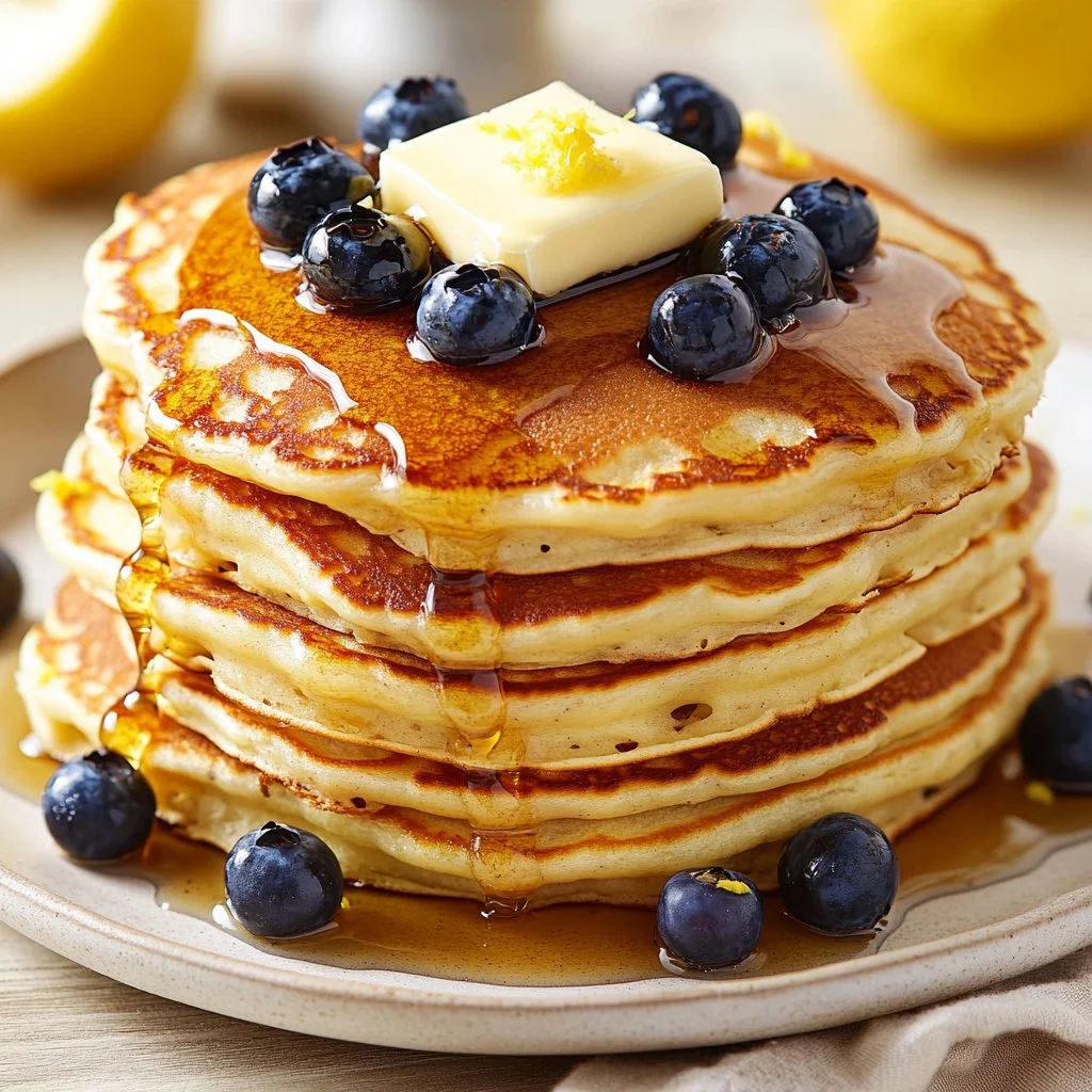 Lemon Ricotta Cloud Pancakes stacked with fresh berries and syrup