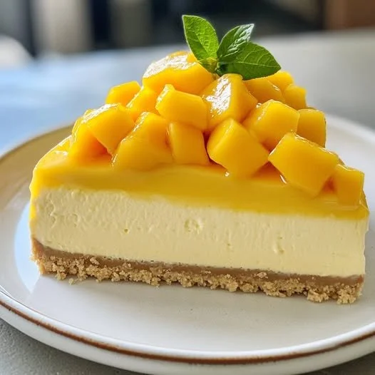 Delicious Mango Swirl Cheesecake with vibrant mango topping