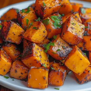 Maple-spiced roasted sweet potatoes garnished with herbs