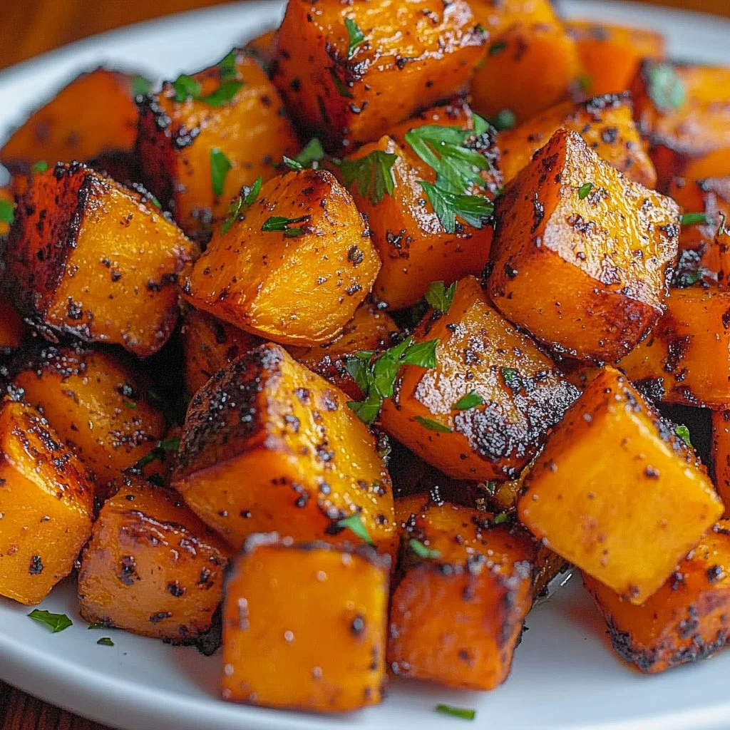 Maple-spiced roasted sweet potatoes garnished with herbs