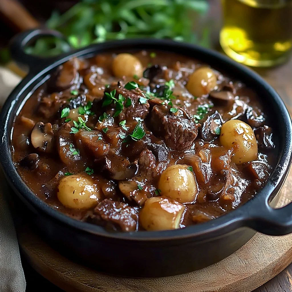 Mary Berry's savory beef casserole served in a rustic dish.