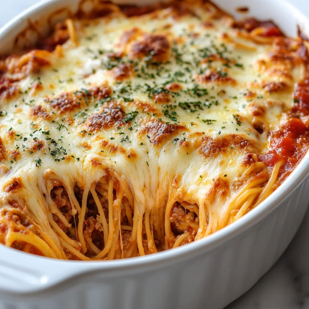 Delicious Million Dollar Spaghetti Bake topped with cheese and herbs