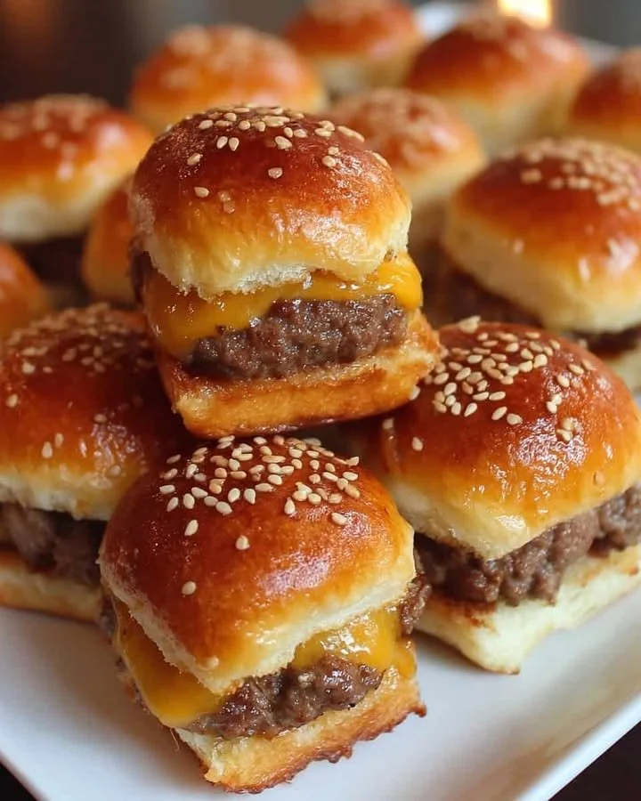 Mini beef cheeseburger sliders stacked on a plate