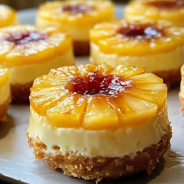 Mini pineapple upside down cheesecake bites on a white plate