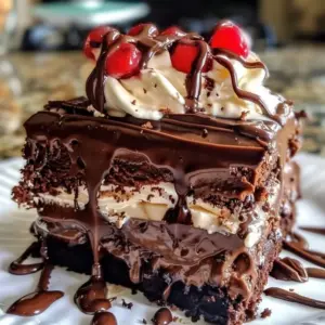 Molten fudge ice cream cake topped with chocolate drizzle and sprinkles