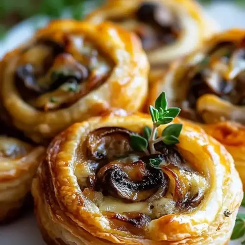 Mushroom mozzarella puff pastry pinwheels on a plate