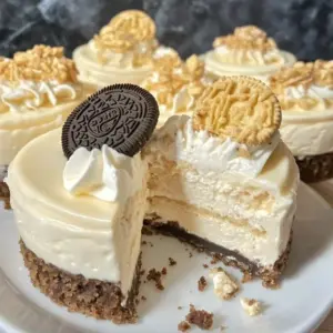 No-bake golden Oreos white chocolate cheesecake topped with cookie crumbles