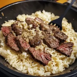 One-Pan Garlic Butter Steak Rice with fresh herbs and vegetables