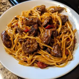 One-pan steak and sausage pasta with spicy honey garlic sauce dish