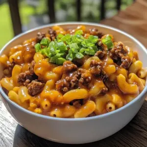 One-Pot Cheddar BBQ Beef Mac served in a bowl with garnishes