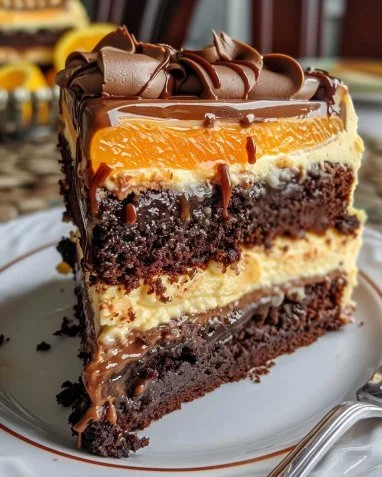 Delicious Orange Chocolate Cheesecake Layered Cake with rich chocolate and citrus.