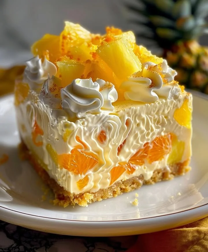 Orange Pineapple Swirl No-Bake Cheesecake with tropical fruit garnish