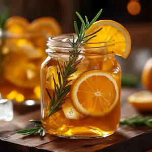 A glass of refreshing Orange Rosemary Iced Tea with garnished herbs