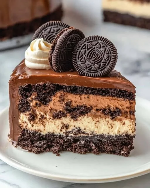 Delicious Oreo Cheesecake of Dreams topped with crushed Oreos and chocolate drizzle