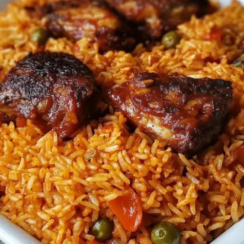 Oven Baked Jollof Rice served in a vibrant dish