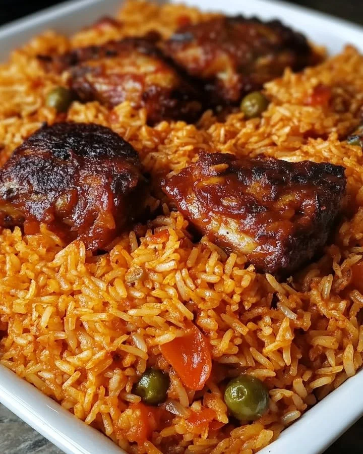 Oven Baked Jollof Rice served in a vibrant dish