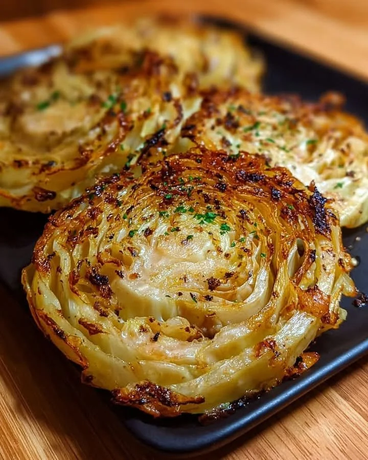 Oven roasted garlic parmesan cabbage steaks garnished with herbs.