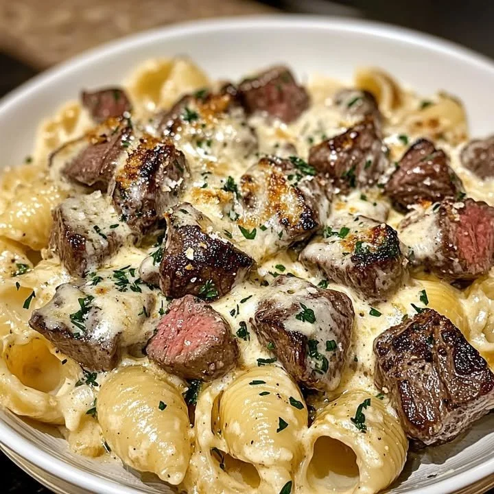Delicious Parmesan Garlic Butter Steak Bites served with herbs