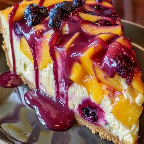 Delicious Peach Blueberry No-Bake Cheesecake topped with fresh fruits