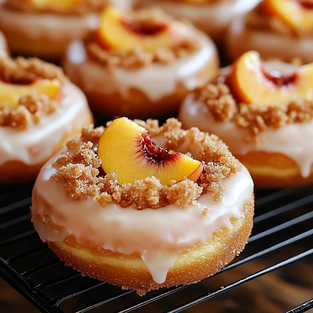 Delicious peach cobbler cheesecake donuts topped with peach slices and crumble