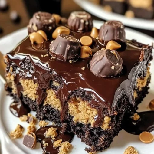 Delicious Peanut Butter Cup Dump Cake topped with chocolate and peanut butter cups
