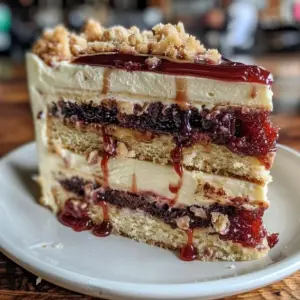 Delicious slice of Peanut Butter Jelly Cheesecake topped with peanut butter and berries