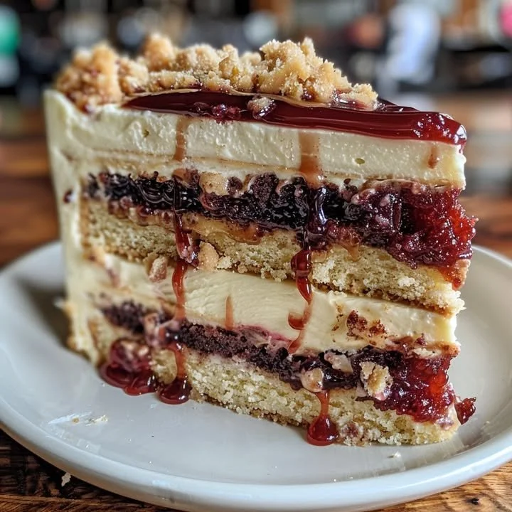 Delicious slice of Peanut Butter Jelly Cheesecake topped with peanut butter and berries