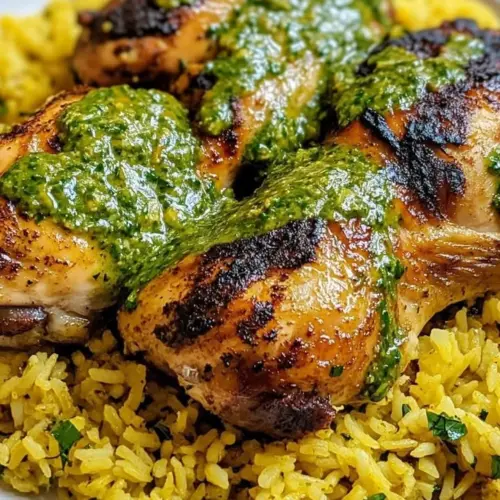 Delicious Peruvian Chicken served with vibrant green sauce, showcasing rich flavors