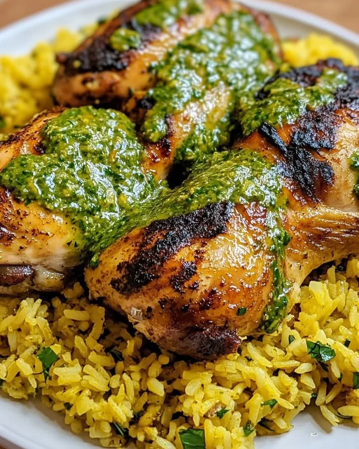 Delicious Peruvian Chicken served with vibrant green sauce, showcasing rich flavors