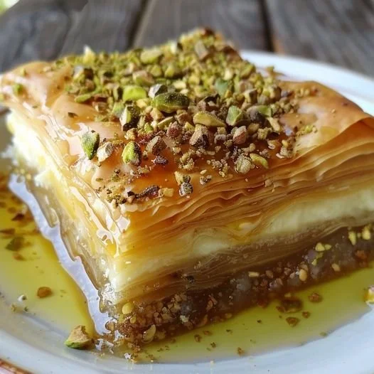 Delicious pistachio honey cheese dessert with nuts and honey drizzle
