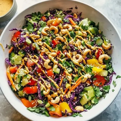 Rainbow Veggie Salad with toasted cashews, colorful vegetables in a bowl