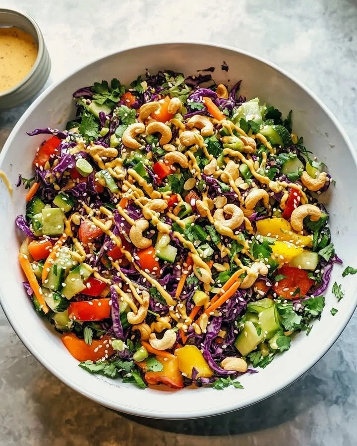 Rainbow Veggie Salad with toasted cashews, colorful vegetables in a bowl