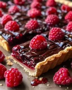 Raspberry Dark Chocolate Pie Bars on a plate garnished with raspberries
