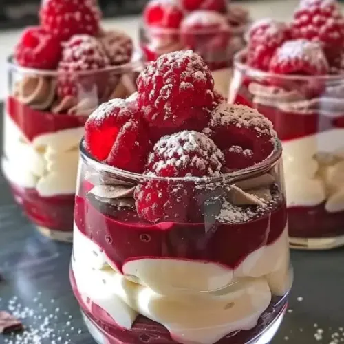 Raspberry Mousse Parfait with White Chocolate garnished with fresh raspberries