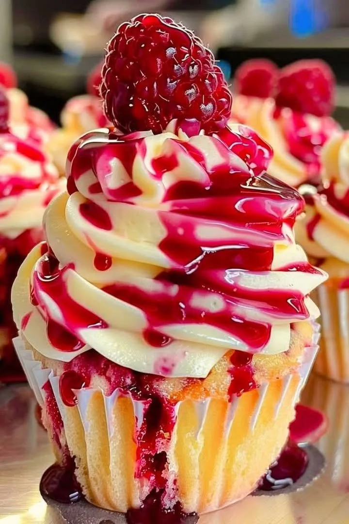 Raspberry swirl cheesecake cupcakes topped with fresh raspberries
