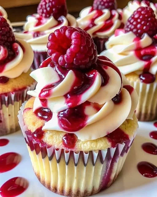 Raspberry swirl cheesecake cupcakes with creamy frosting on a dessert table