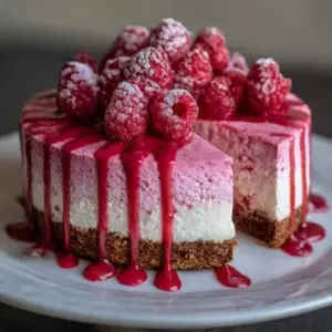 Raspberry Velvet Cheesecake topped with fresh raspberries and whipped cream