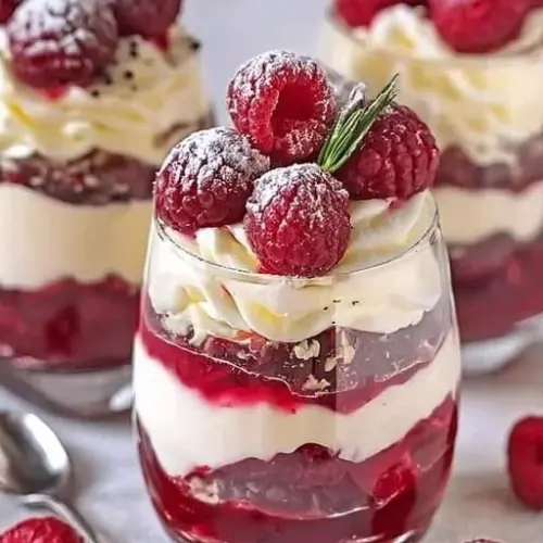 Delicious Raspberry White Chocolate Parfait with layers of cream and berries