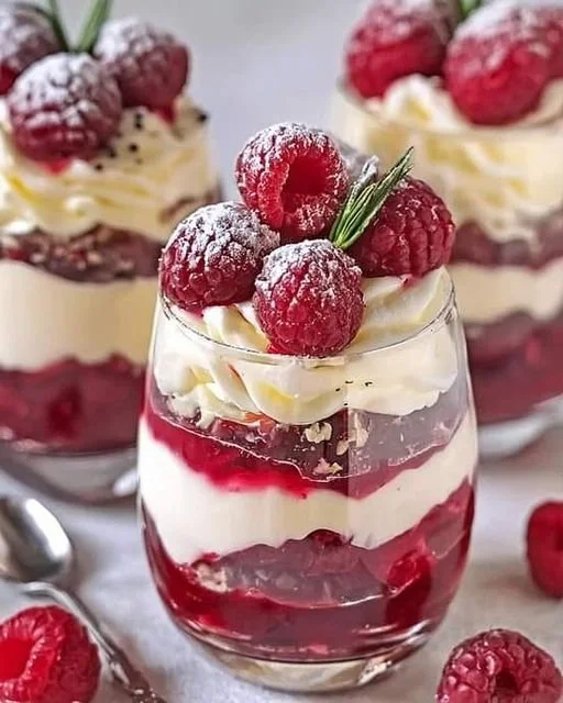 Delicious Raspberry White Chocolate Parfait with layers of cream and berries