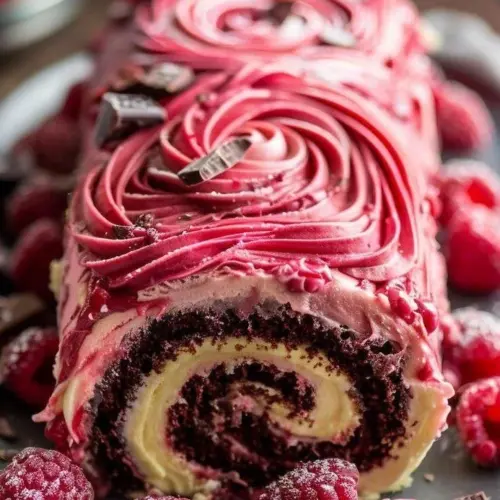 Delicious Raspberry White Chocolate Sponge Roll dessert topped with fresh raspberries.