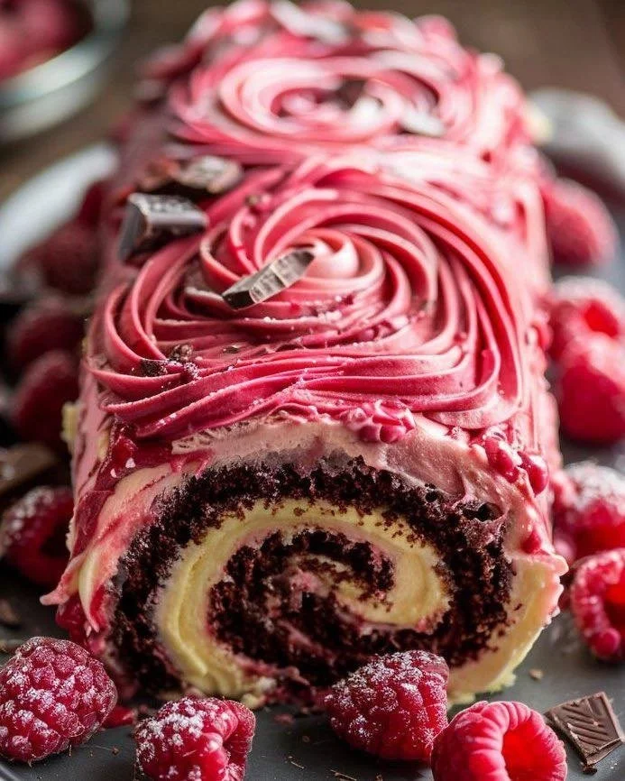 Delicious Raspberry White Chocolate Sponge Roll dessert topped with fresh raspberries.